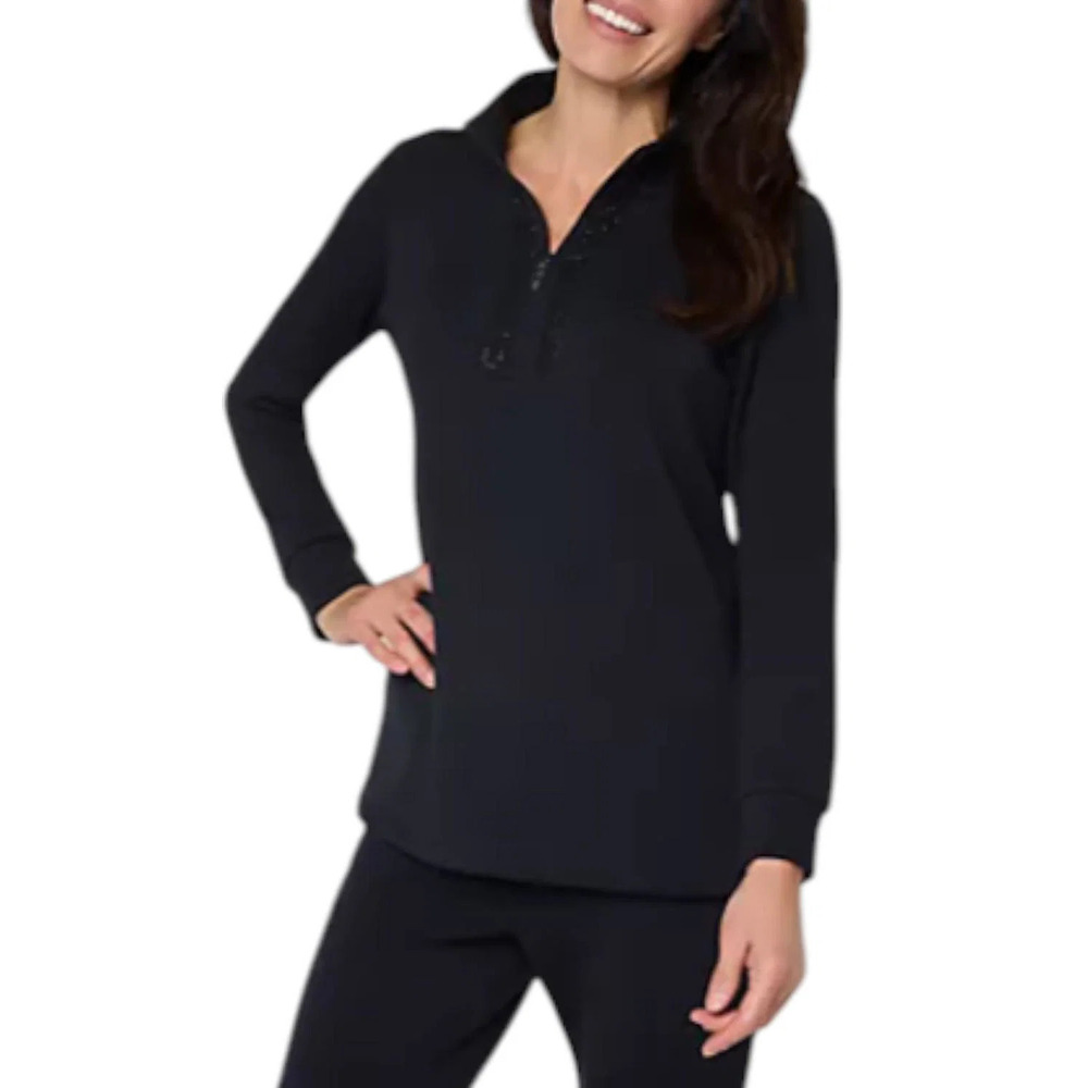 Belle by Kim Gravel Women's ScubaLuxe Sparkle Half-Zip Tunic Black - Petite
